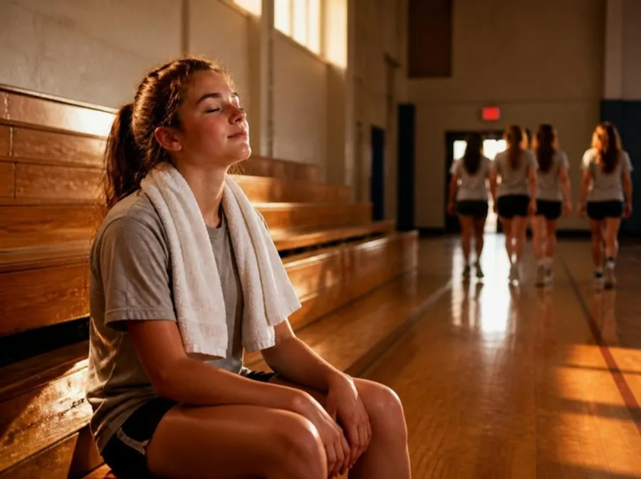 A teenage girl sitting on a bleacher step after practice, a towel over her shoulders, taking a breath with a small smile as her teammates head out.