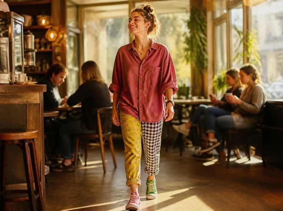 A teenage girl in a mismatched, deliberately odd outfit walking into a coffee shop on a sunny morning, laughing, comfortable in her own skin.
